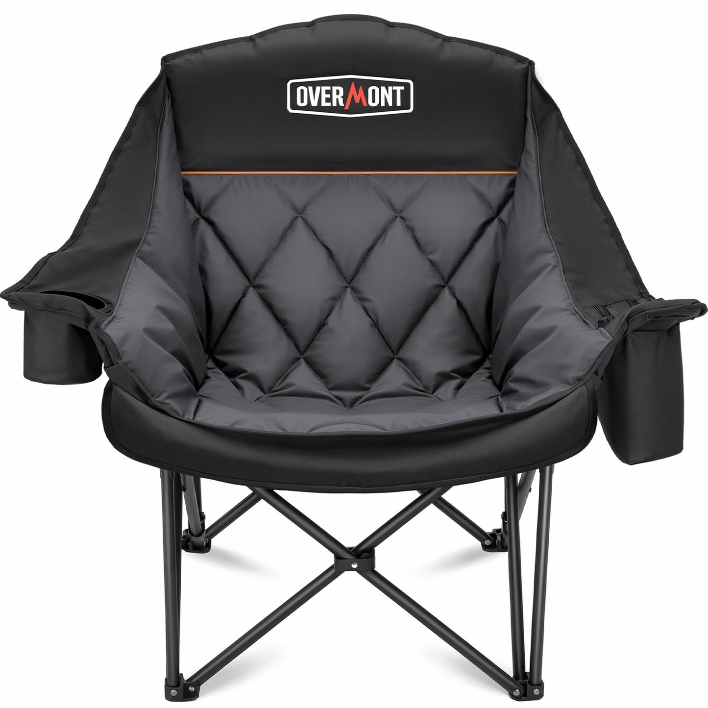 Overmont Oversized XL Camping Chair for Adults - 500lbs Support Heavy-Duty Padded Folding Chair with Side Pocket Cup Holder Cooling Bag for Outdoor Sports Garden Beach Fishing Lawn Black