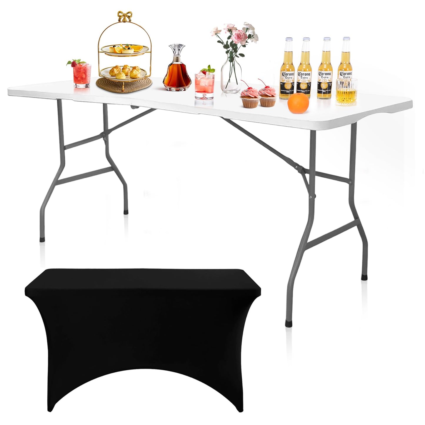 Camp Field 6ft Heavy Duty Portable Table with Spandex Cover, Folding Table for Indoor & Outdoor Picnic & Lemonade Stand for Picnic, Party, Event. (White ste, 6FT Set)