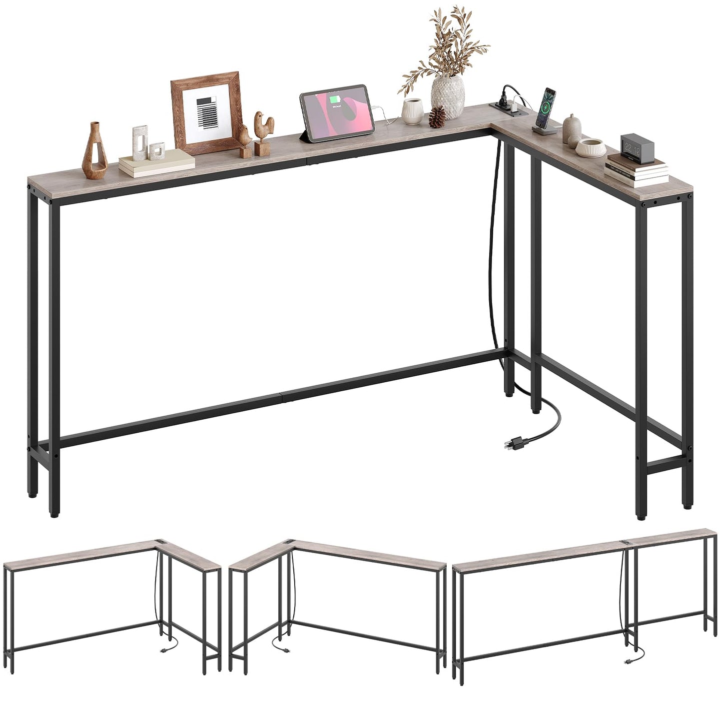 YATINEY Narrow Console Table with Outlets, 78.7" Sofa Table Narrow Long, L Shaped Behind Couch Entryway Table with Charging Station, for Living Room, Hallway, 3 Assembly Options, Greige CT17UBG