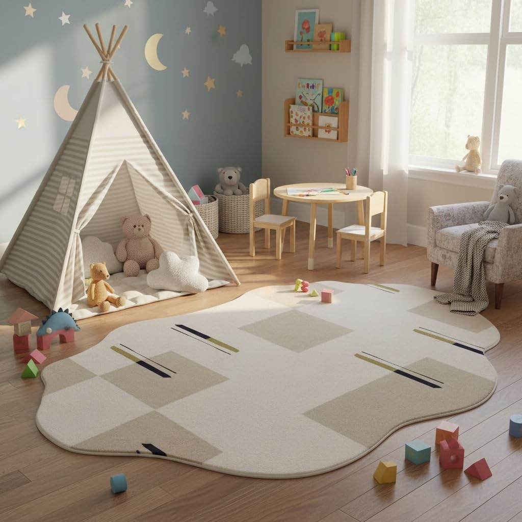 Modern Irregular Shaped Area Rug Cream Beige Abstract Shaped Rug for Living Room Bedroom Diningroom Non Slip Washable Unique Designer Rug Minimalist Boho Meetingroom Home Office Foldable Carpet 5x8