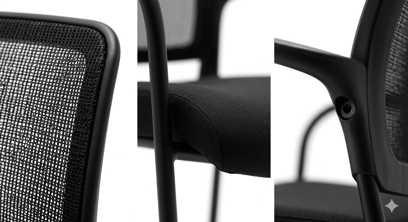 Heavy Duty Mesh Back Guest Chair, Breathable Mesh Seat, Waterfall Edge, Molded Arms, Black Four Leg Frame, GREENGUARD Certified Office Chair