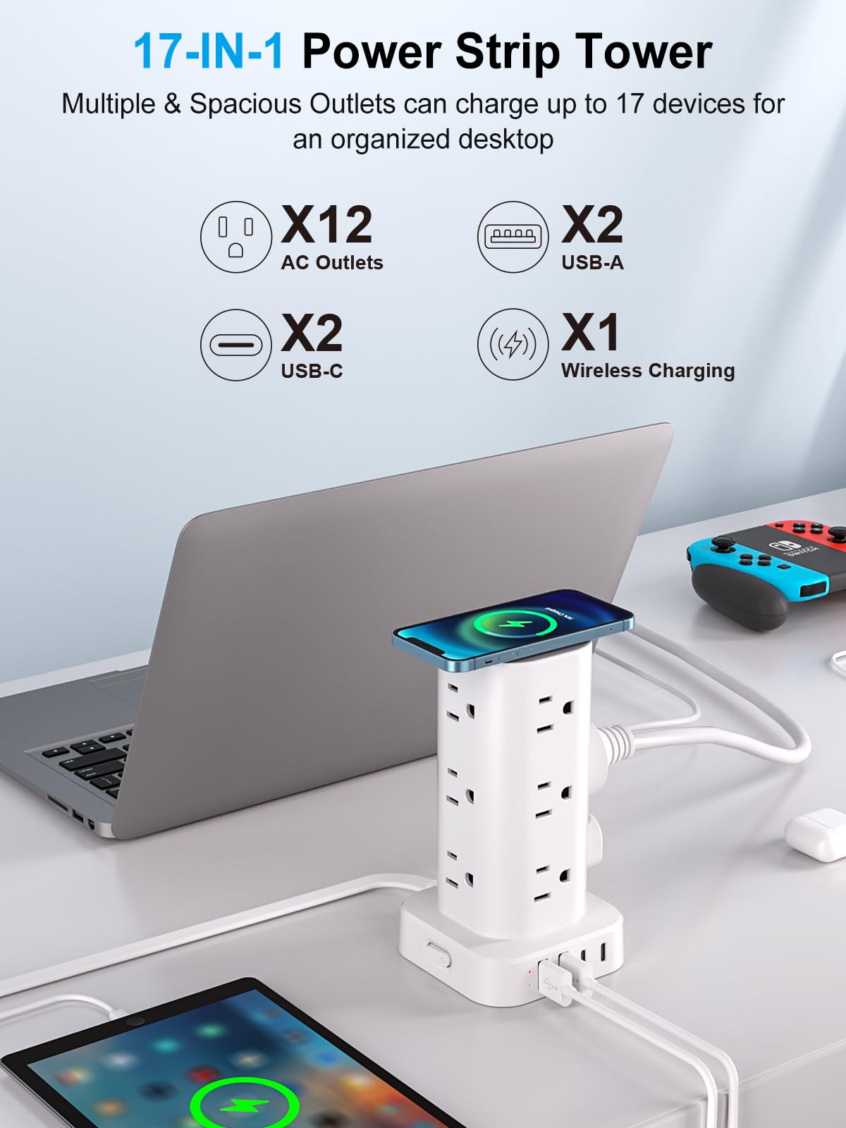 Power Strip Tower with Wireless Charger, Flat Plug Surge Protector Tower with 6FT Extension Cord, 12 AC Multiple Outlets, 4 USB (2 USB C),15W Wireless Charging Power Tower for Home Office Dorm, White