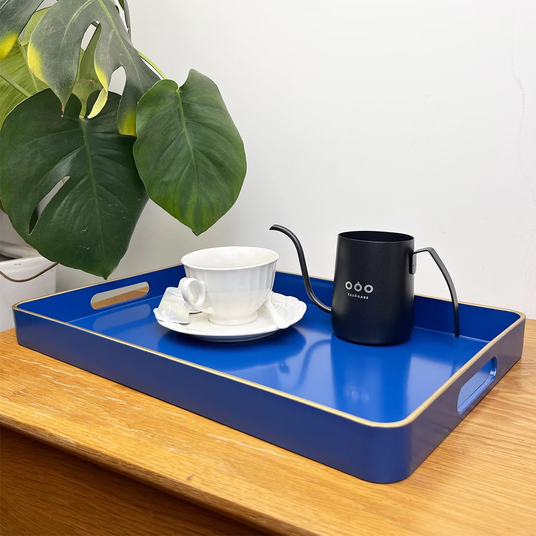 UOEKCS Navy Blue Serving Tray with Handles, Rectangular Decorative Tray for Coffee Table, Plastic Rectangular Tray for Ottoman, Living Room, Bathroom, Home Decor 15.7” x 10.2” x1.37”