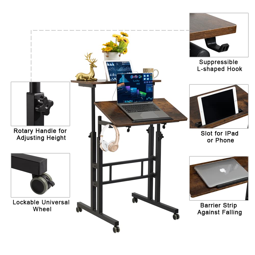 Hadulcet Mobile Standing Desk with Wheels, Rolling Desk Adjustable Height, Portable Laptop Table with Charging Station, Sit Stand up for Home Office, Study, Classroom, Rustic Brown