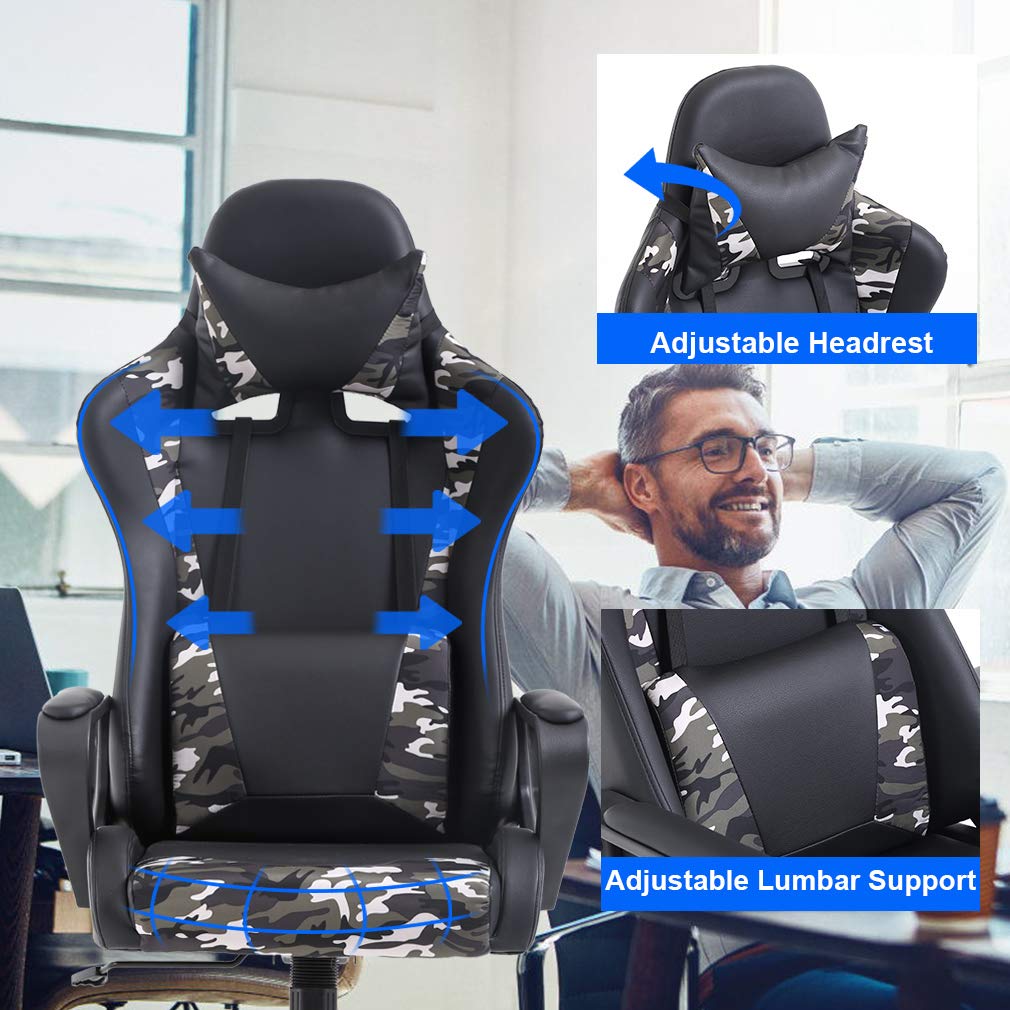 PC Gaming Chair Ergonomic Office Chair Massage Desk Chair with Lumbar Support Arms Headrest High Back PU Leather Racing Chair Rolling Swivel Executive Adjustable Computer Chair for Women Adults(Camo)