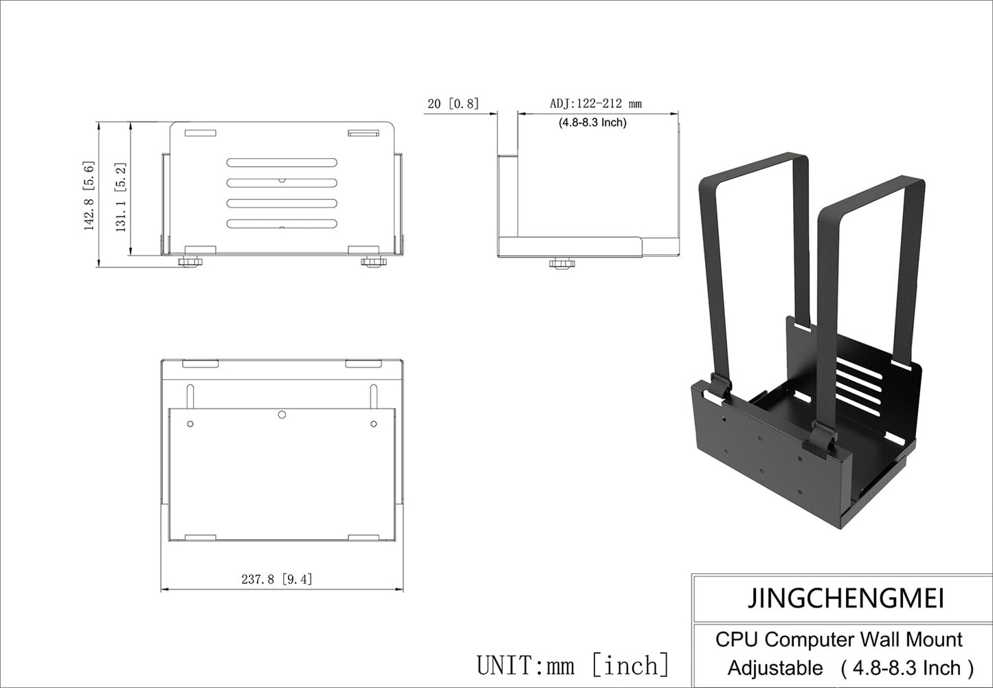 JINGCHENGMEI Wall Mount CPU Holder with Safety Straps- Metal Computer Tower Mounting Bracket for Desktop PC, Adjustable Width 4.8in to 8.3in, Black