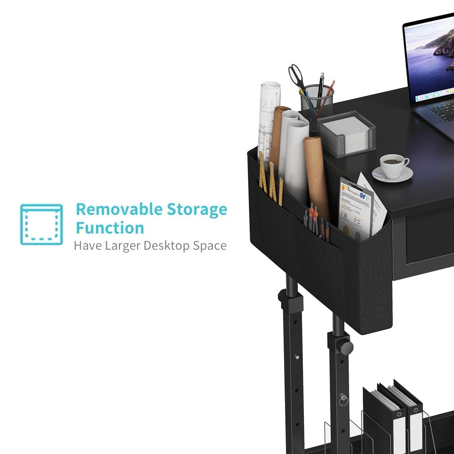 Small Portable Rolling Standing Desk - 32 Inch Adjustable Mobile Stand Up Gaming Desks with 2 Fabric Drawers on Wheels, Couch Sofa Side Laptop Table with Storage for Home Office, Black