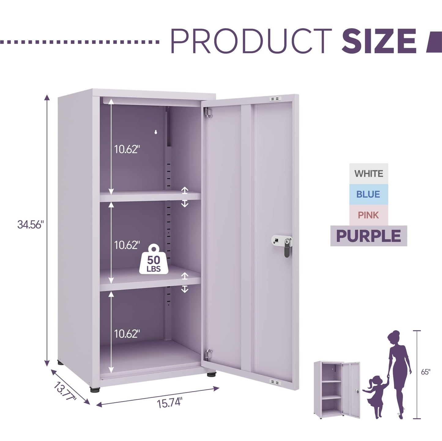 MIOCASA Metal Storage Cabinet with Lock, 3 Adjustable Shelves Single Door Steel Locker for Home, Office & Garage (Purple)