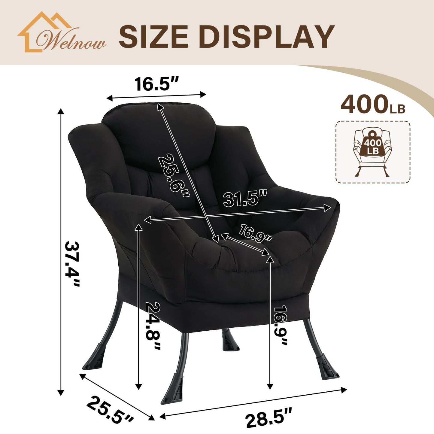 Welnow Black Single Lazy Chair for Living Room, Modern Reading Accent Chair with Armrests and a Side Pocket, Leisure Lazy Sofa Chair for Small Space, Bedroom, Dorm