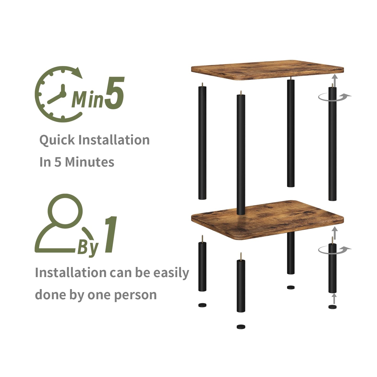 Apicizon 2 Tier End Table, Small Side Table with Solid Wood Legs, Boho Bedside Table with Storage Shelf, Nightstand for Small Spaces, Bedroom, Living Room, Entryway, Farmhouse, Easy Assembly, Brown