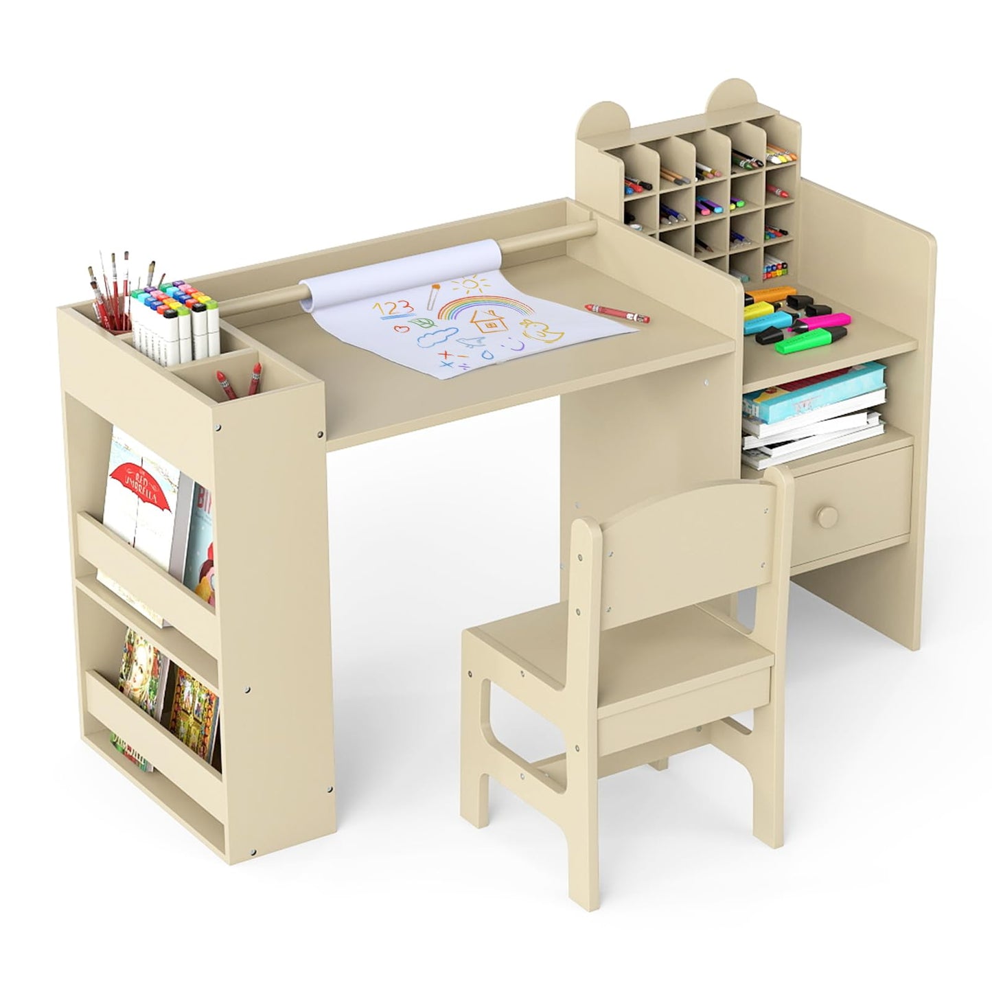 INFANS Kids Study Desk and Chair Set, Wooden Learning Table with Storage Hutch, Drawer, Paper Roll, Round MDF Student Furniture for Writing, Drawing, Ages 3+