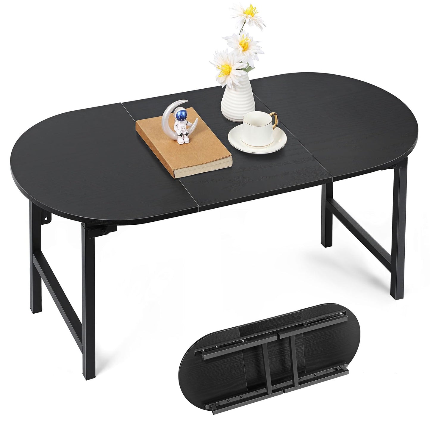 CADUKE Folding Coffee Table, Oval Small Coffee Table for Living Room Black Center Table Leg Latches Portable Tables for Small Spaces, Home Office