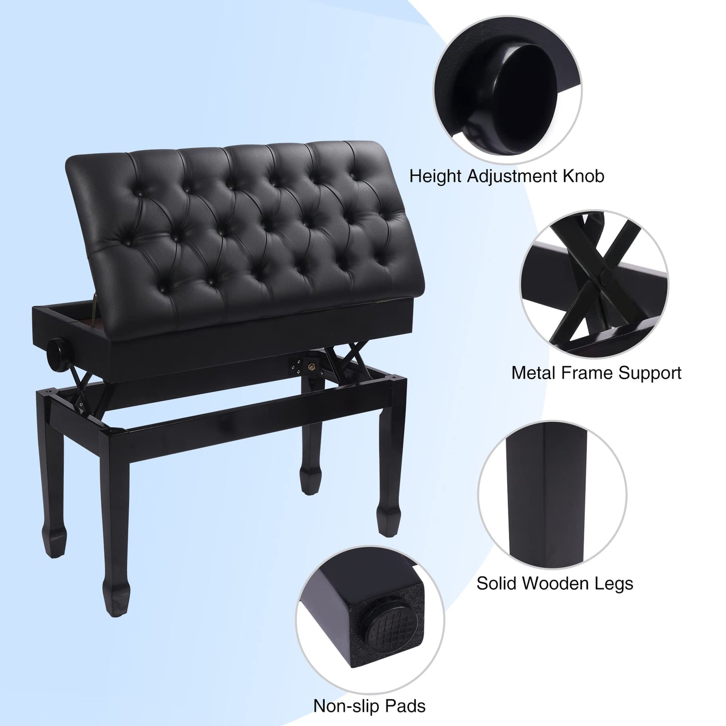 ALAPUR Adjustable Duet Piano Bench with Storage,Heavy Duty Wooden Double Keyboard Piano Bench Seat with PU Leather Cushion,Black