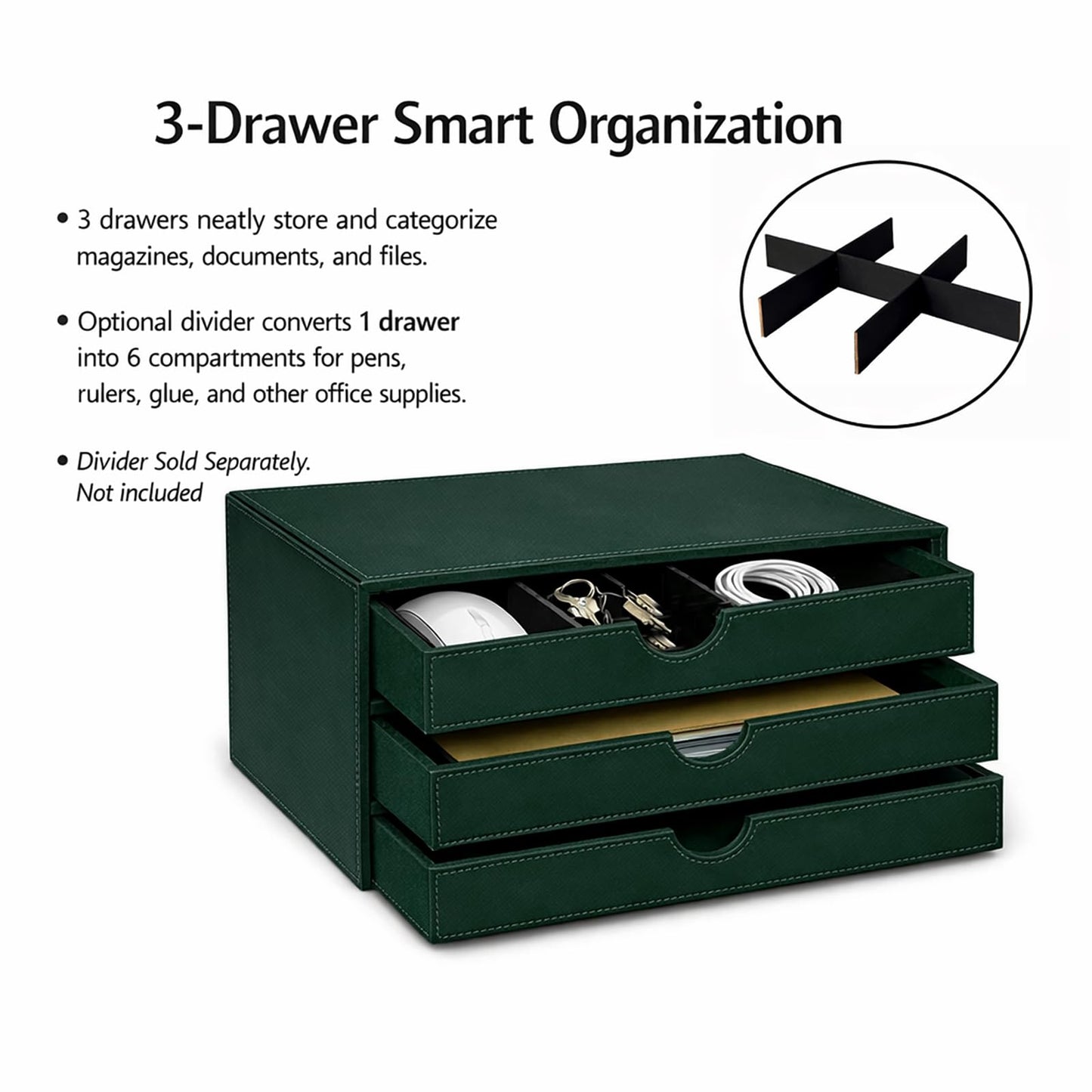 UnionBasic Document Organizer, 3-Drawer File Cabinet Document Storage Box, Office Desktop Filing Organizer, Dark Green