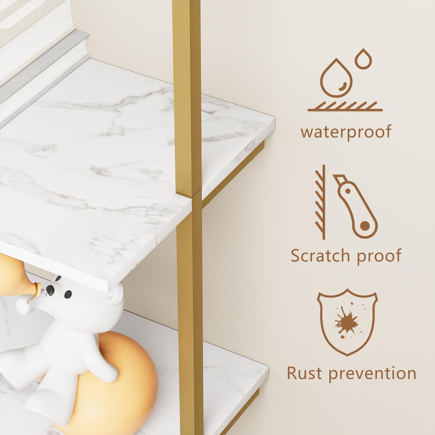 aboxoo Ladder Shelf White Marble Bookshelf 5-Tier Wall-Mounted Wood Rack Industrial Modern Plant Flower Stand Utility Organizer Open Bookcase Metal Frame Furniture Office Kitchen Bedroom