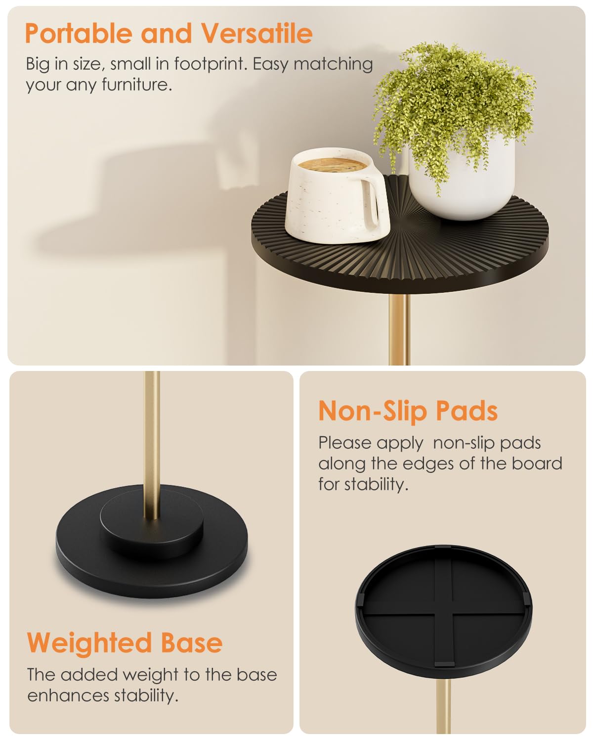 Round Side Table, Small Drink Table for Small Spaces, Modern Accent End Table with Metal Leg for Living Room, Bedroom, Corners, and Office (Black Gold)