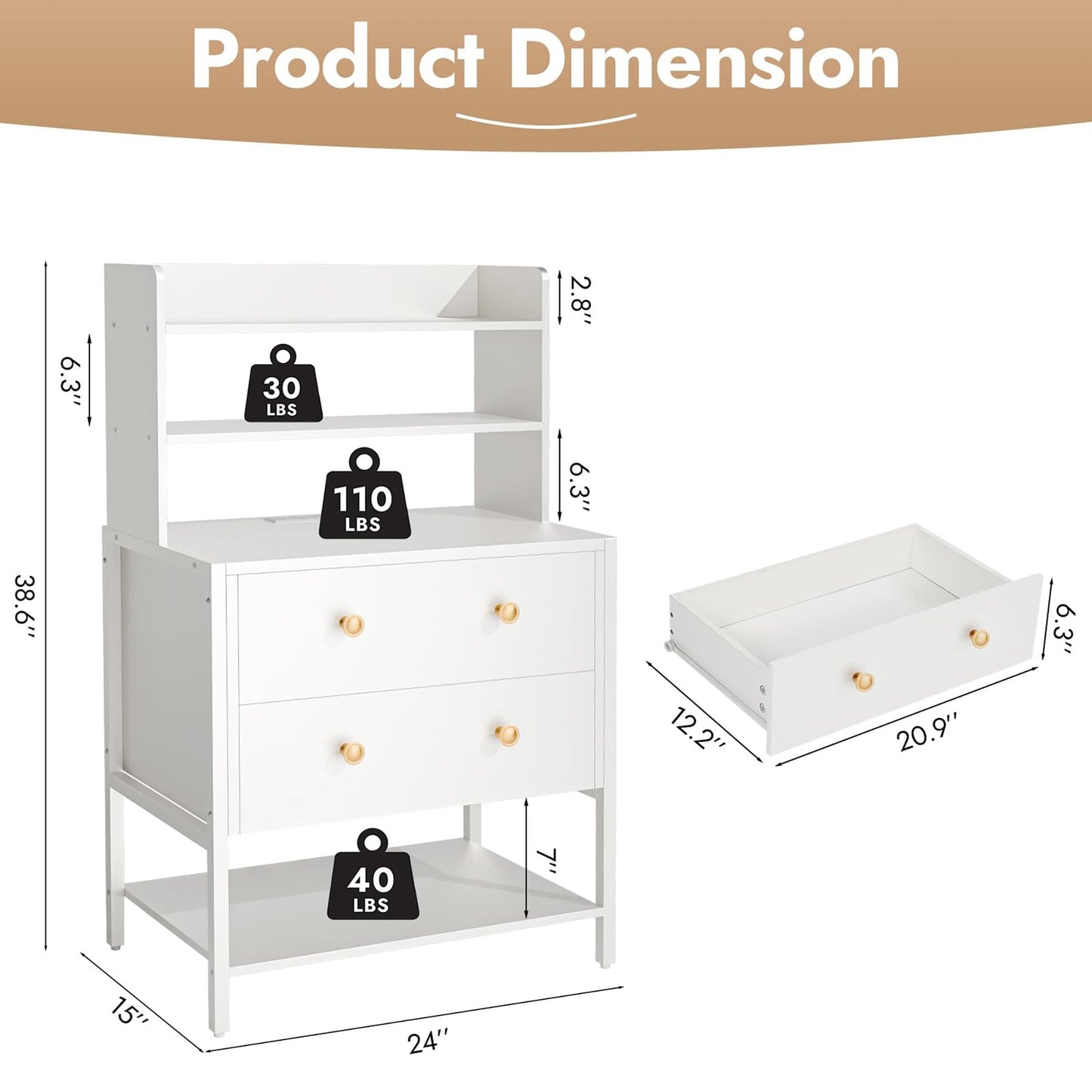 PATAVOT 24 Inch Wide Night Stand, Large Wooden Night Stand with 2 Adjustable Drawes, Tall Nightstand with 4-Tier Shelves and Charging Station, Bedside Table for Living Room/Bedroom/Office, White.