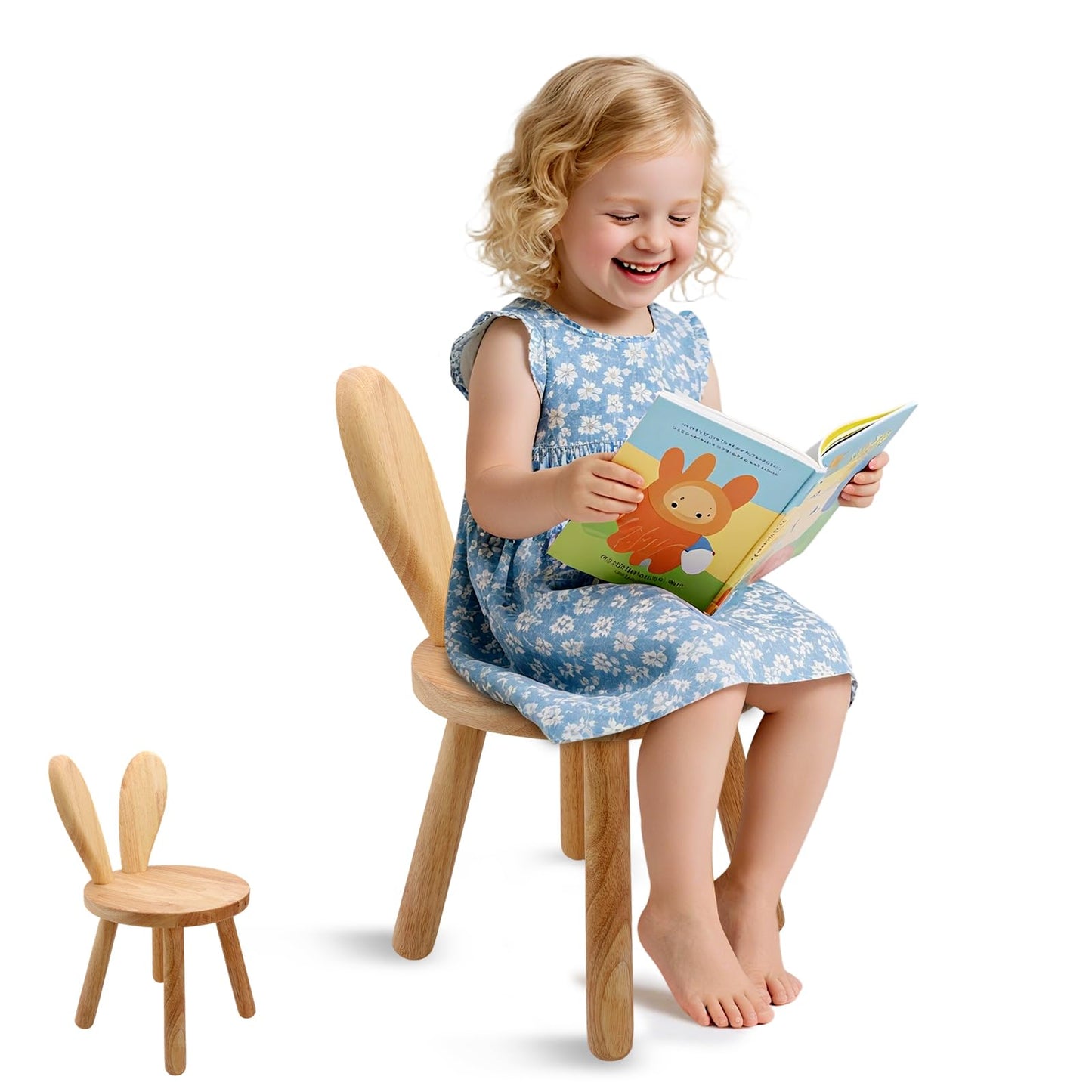 Wooden Step Stool for Toddlers, 2-in-1 Kids Chair & Desk Seat, Solid Rubberwood Bunny Ears Backrest, Wood Wax Oil Finish, CPC Certified Sturdy Seating for Playroom Classroom Nursery, Natural（1 Pack）