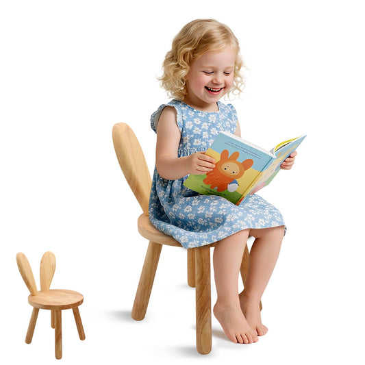 Wooden Step Stool for Toddlers, 2-in-1 Kids Chair & Desk Seat, Solid Rubberwood Bunny Ears Backrest, Wood Wax Oil Finish, CPC Certified Sturdy Seating for Playroom Classroom Nursery, Natural（1 Pack）