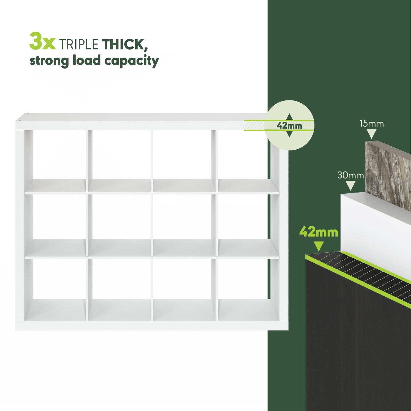 Furinno Cubicle Book Shelf, 12-Cube Bookshelf, Triple Thick Frame Cube Storage Organizer, 1.65" Thick Bookcase, 15.4" x 57.4" x 43.4", for Home Office, Living Room, Plain White