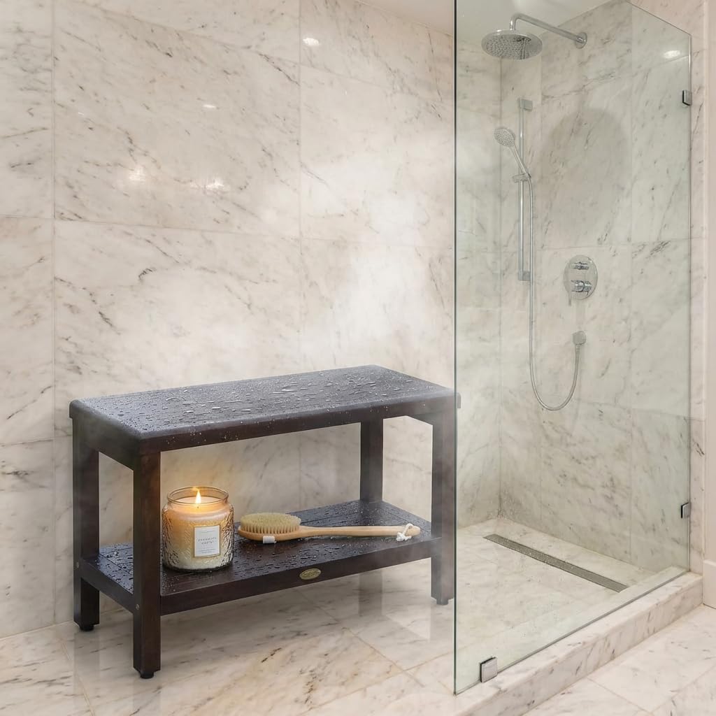 DecoTeak Eleganto 30 Inch Brown Waterproof Teak Wood Shower Bench Stool Seat Chair for Inside Shower Storage Shelf Provides Safety, Storage, and Organization for Bathroom Accessories