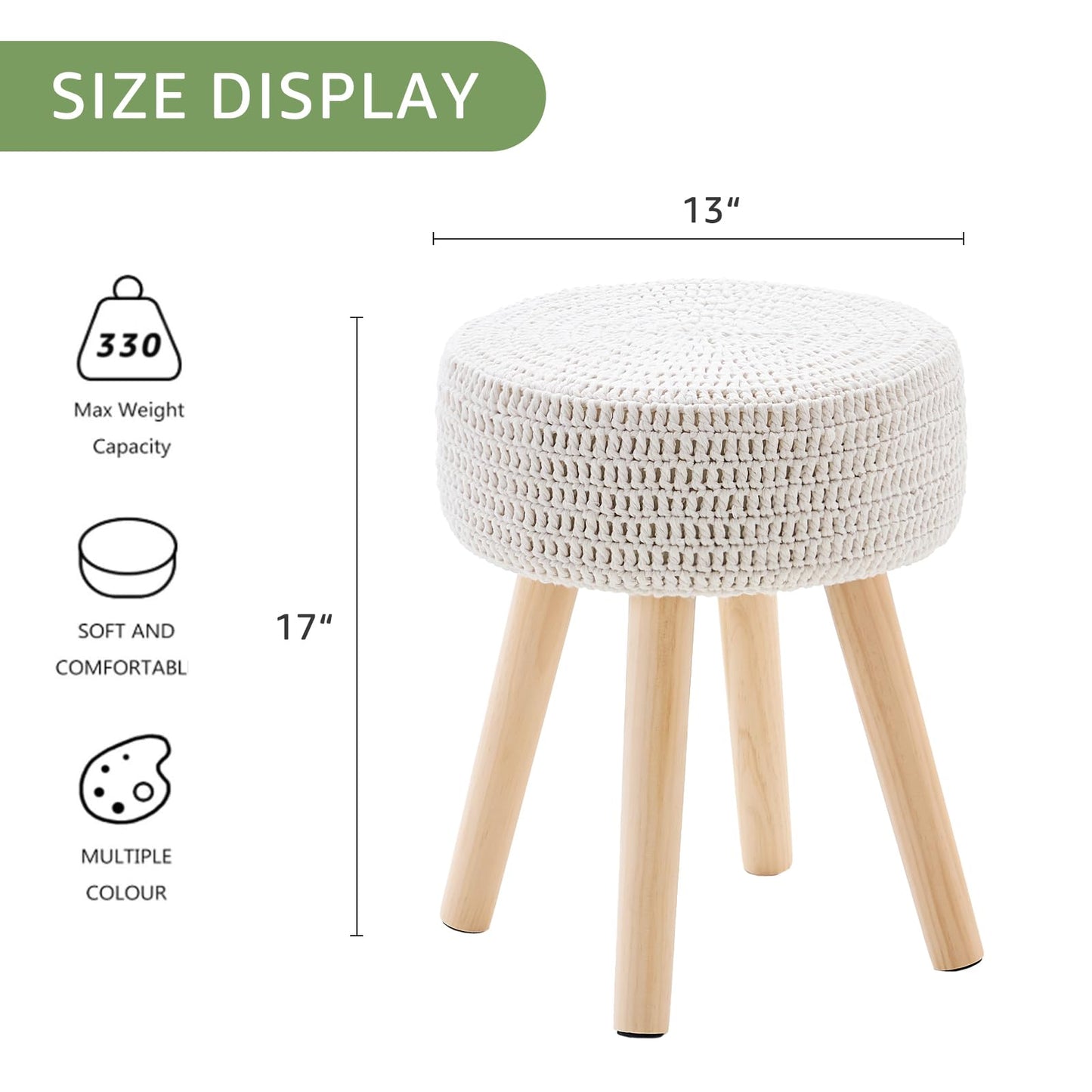 Wimarsbon Pouf Ottoman, 100% Cotton Knitted Boho Footstool, Round Footrest with Non-Skid Wood Legs, Home Décor Handmade Pouffe, Leisure Floor Step Stool for Living Room (Long Leg - Beige)