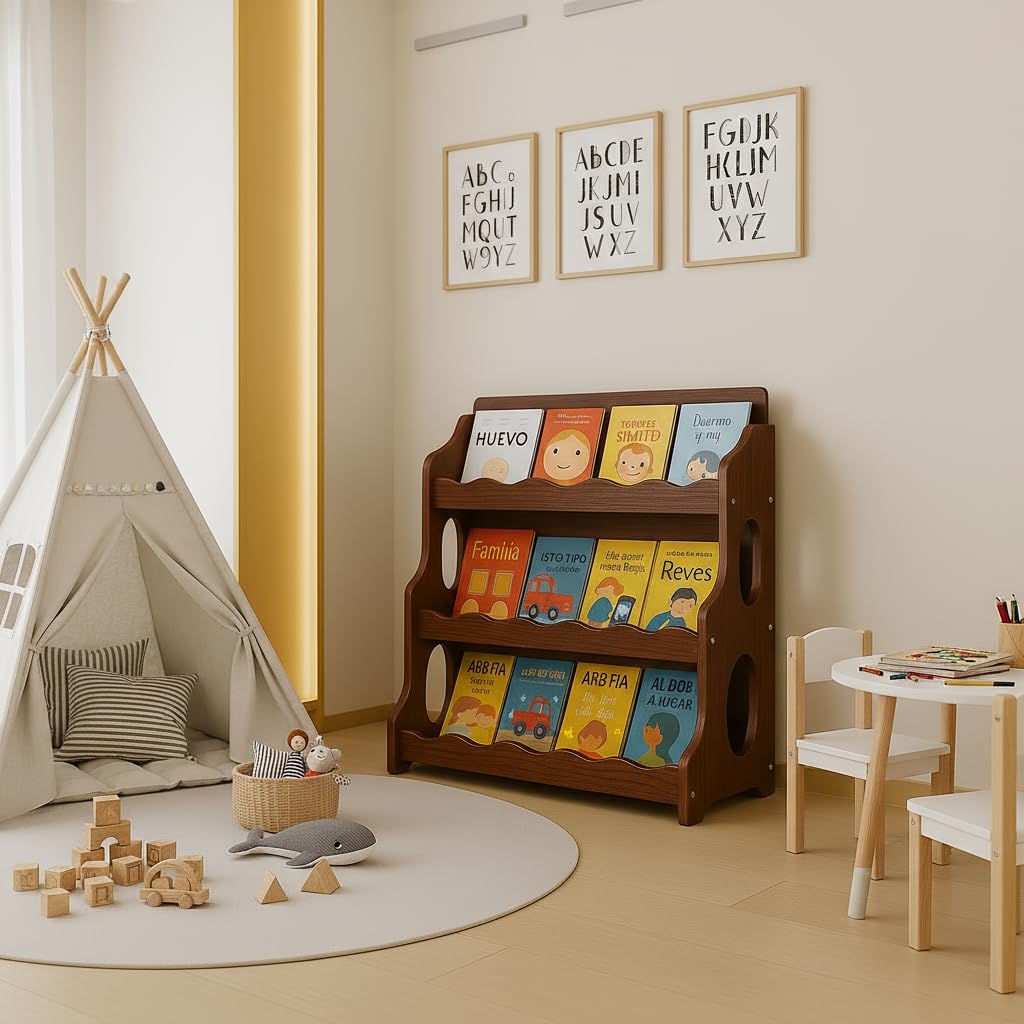 AMMEHOELA Wood Kids Bookshelf MontessoriDutchDesign,WalnutWood GrainPattern