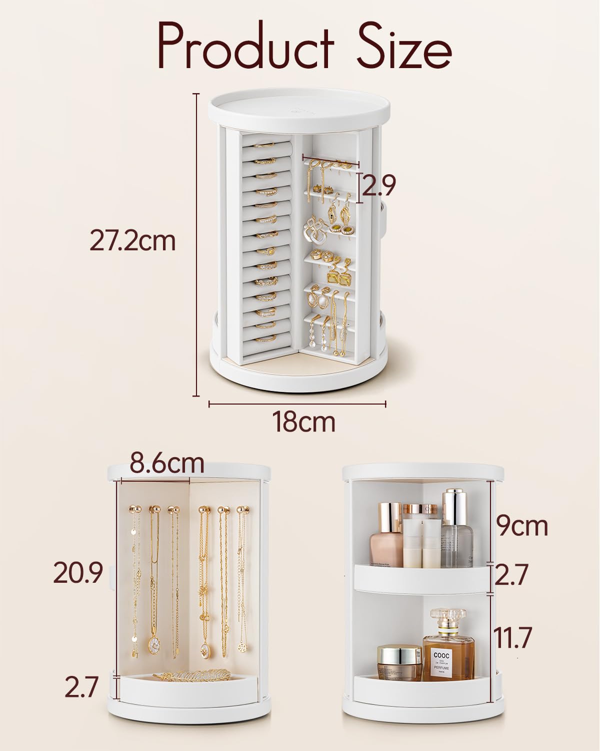 VLANDO 360°Rotating Jewelry Box,Earring Organizer Large Vertical Jewelry Organizer with 6 Necklace Hooks, Open Ring Display Storage for Women -White