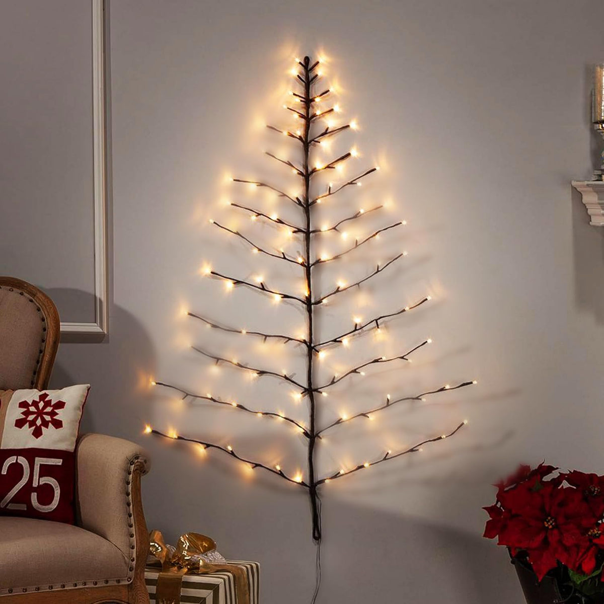 Fudios Lighted Wall Tree 4FT 108LED Warm White for Home Decor, Christmas Tree Lights for Living Room Wall Decoration