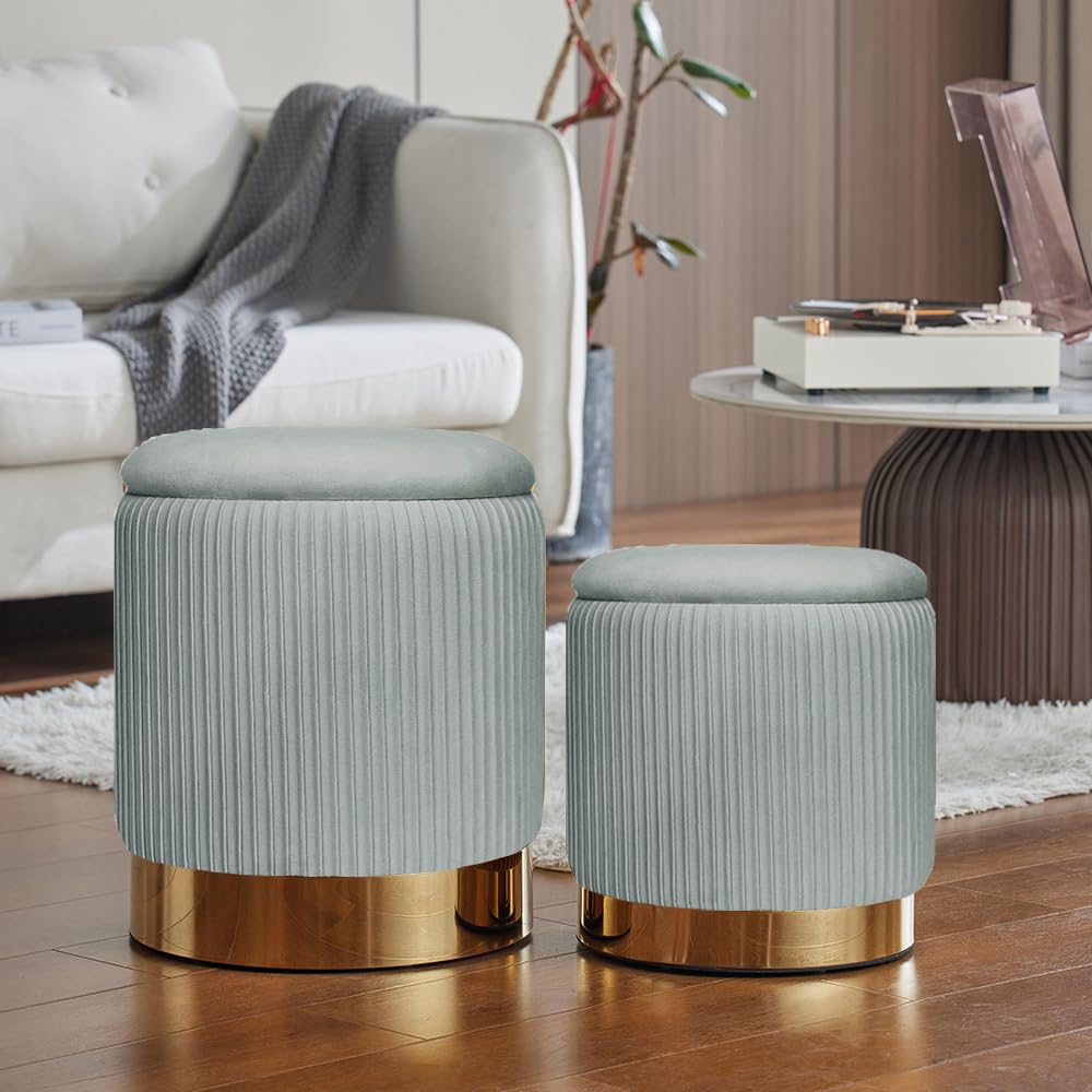 2BYF Round Ottoman with Storage Set of 2 Upholstered Velvet Vanity Stool Small Ottoman Coffee Table, Foot Stool, Removable Lid, for Living Room, Bedroom, Hallway, Assembly Free (Light Grey)