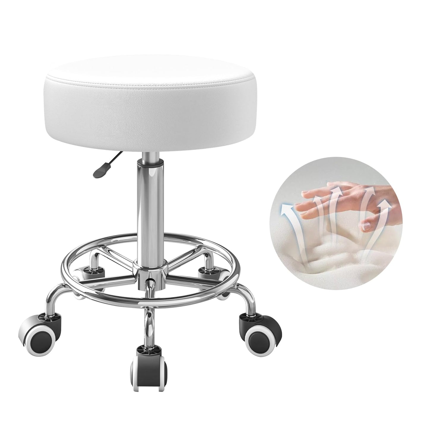 Rolling Stool With Heavy Weight Capacity 250lb, PU Leather Seat, Wheels and Footrest - Ultra Soft Padded, 360 Swivel for Spa, Drawing, Salon, Work, Office, Tattoo (White)