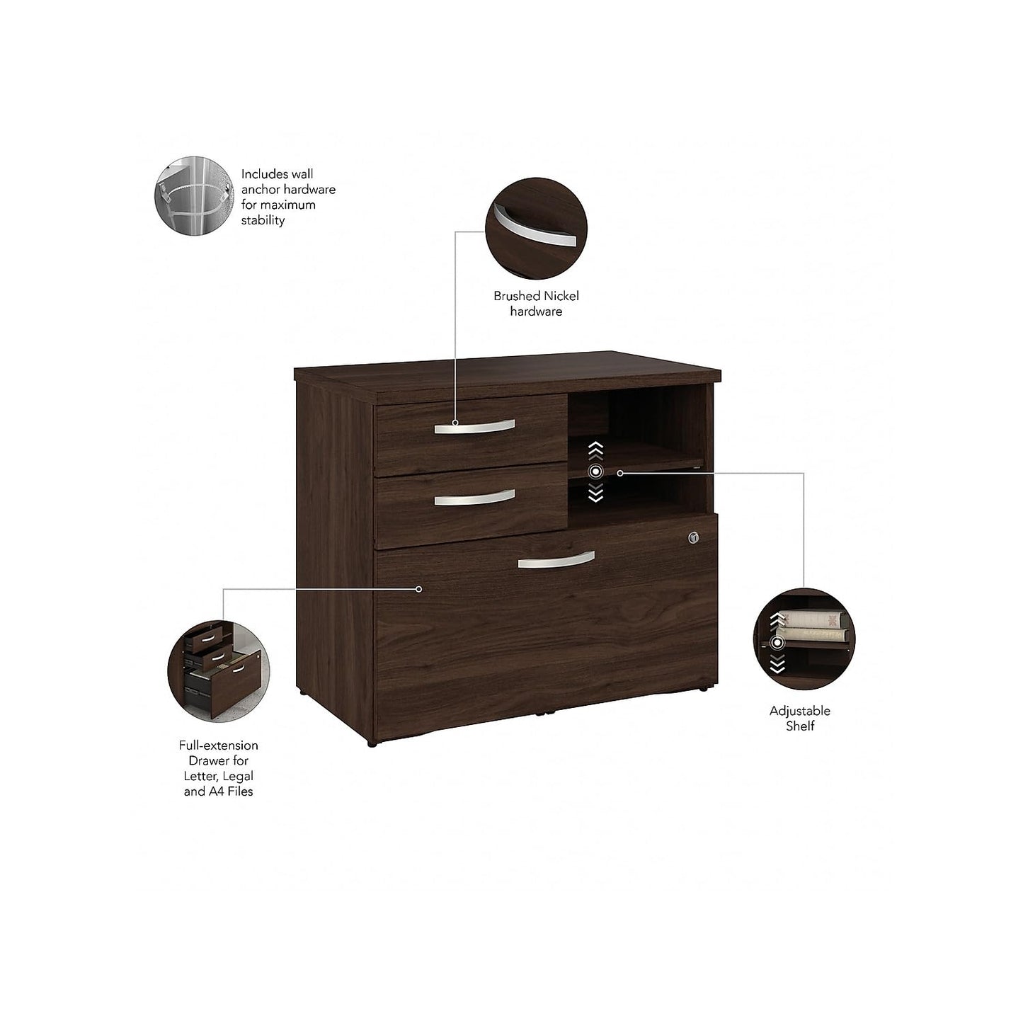 Bush Business Furniture Studio C Office Storage Cabinet with Drawers and Shelves in Black Walnut, Organization for Home or Professional Workspace