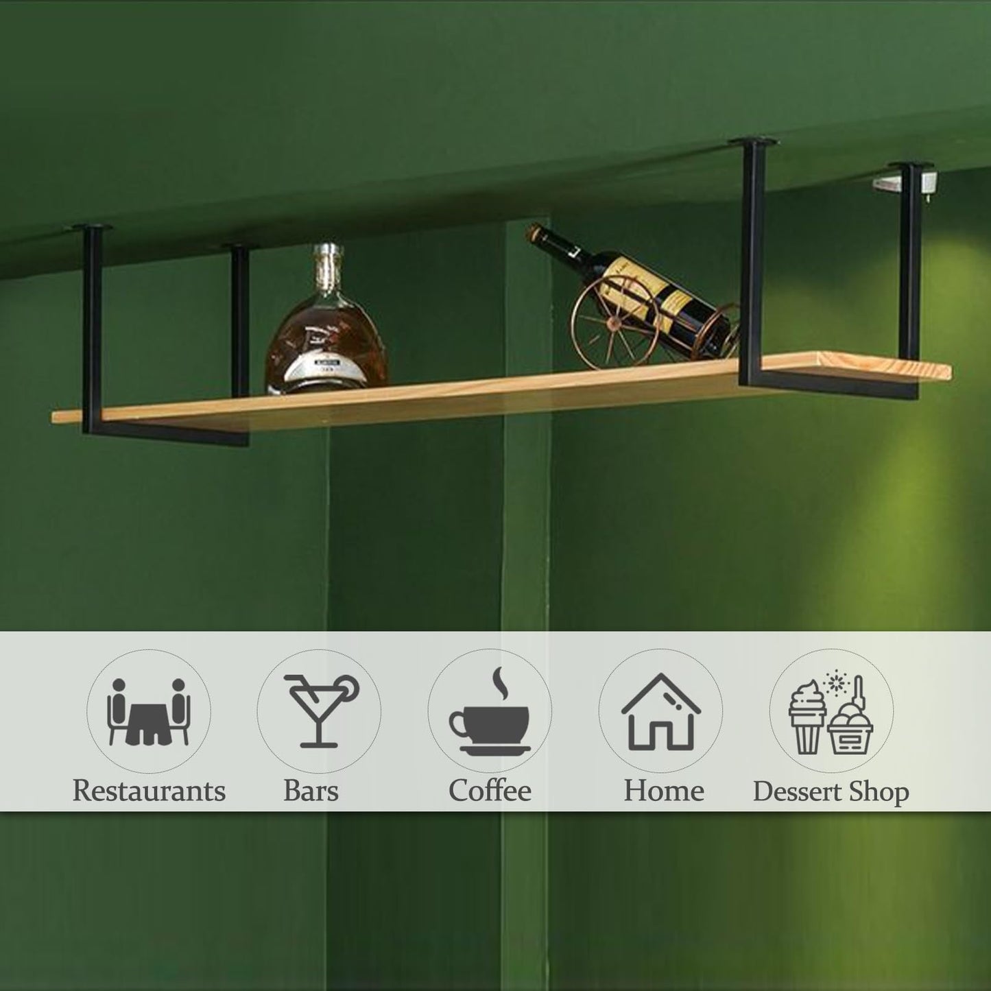 GFRWKCEX Ceiling Floating Shelf, Wall Mounted Wine Racks with Metal Iron Cabinets Brackets and Wooden Shelves, Suspended Holder for Bar Cafe Kitchen(1-Layer 100x30x40cm)