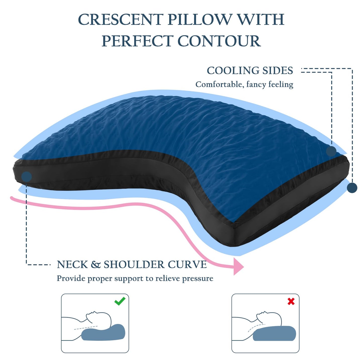 Cooling Sleeper Pillow for Neck and Shoulder Pain, Luxury Adjustable Shredded Memory Foam Curved Gusseted Crescent Pillow for Side and Back Sleepers, Black Cool Washable Cover, Queen Size for Home Bed