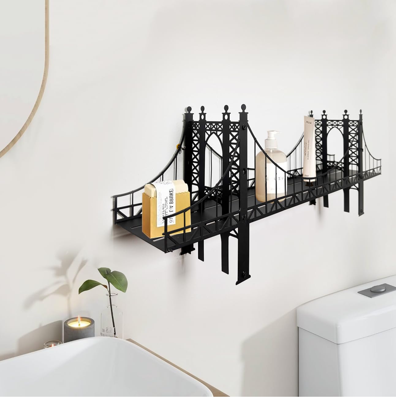 Suspension Bridge Wall Mounted Bookshelf, Black Metal Bridge Design, 26.38 x 10.28 x 5.51 inches