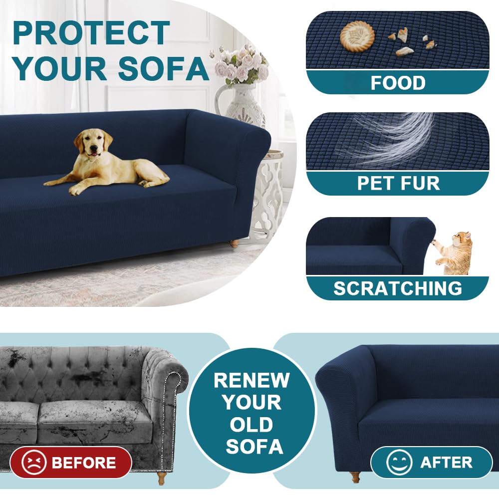 Turquoize Stretch Chesterfield Sofa Covers for Living Room Soft Sofa Couch Covers for 3 Cushion Couch Non-Slip Sofa Slipcover for Dogs Pet Furniture Protector Feature Jacquard Fabric (Sofa, Navy)
