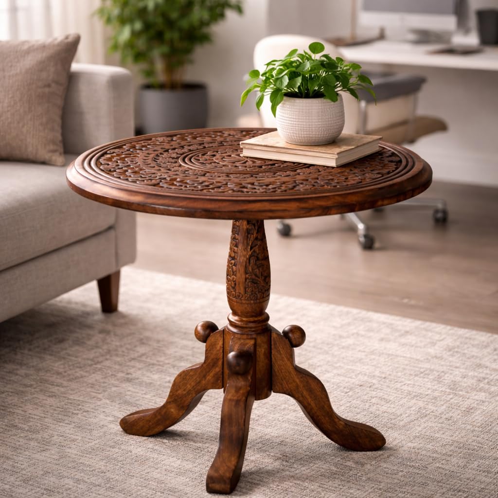 The Wooden Town Handcrafted Carved Round Side Table – 18x21 Inch Coffee Table for Living Room | Solid Wood Accent End Table with Pedestal Base | Altar Table for Home Décor