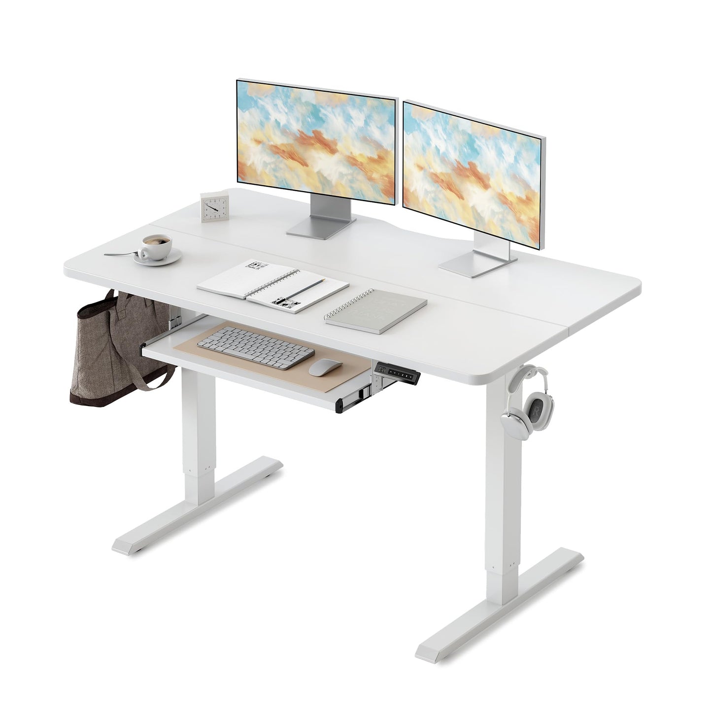FEZIBO Standing Desk with Keyboard Tray, 48 x 24 Inch Adjustable Height Sit Stand Desk with Memory Presets for Home Office, Ergonomic Computer Workstation, White