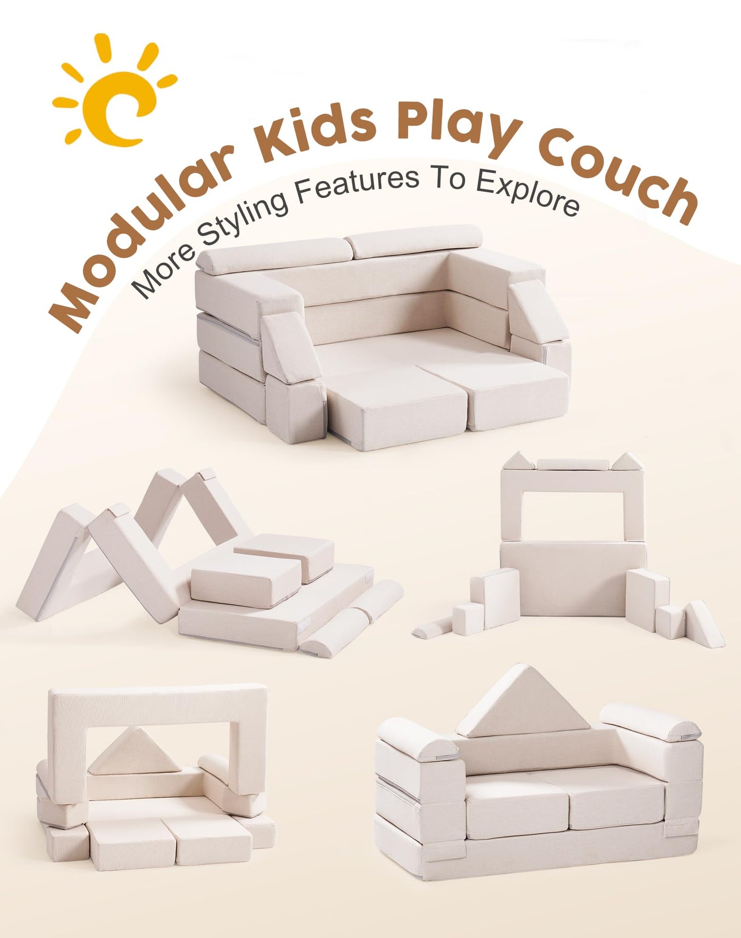 ROBUD Kids Couch, Beige Modular Kids Play Couch, DIY-Style & Washable Toddler Sofa for Playroom, Bedroom, Nursery, WG411