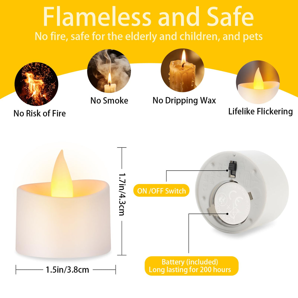 Eloer Dual-Flame Flickering Flameless LED Tealight Candles, 50 Pack Battery Operated Tea Lights with Realistic Warm Yellow Glow, 200+ Hour Long-Lasting Fake Candles for Home Wedding Votive Decor