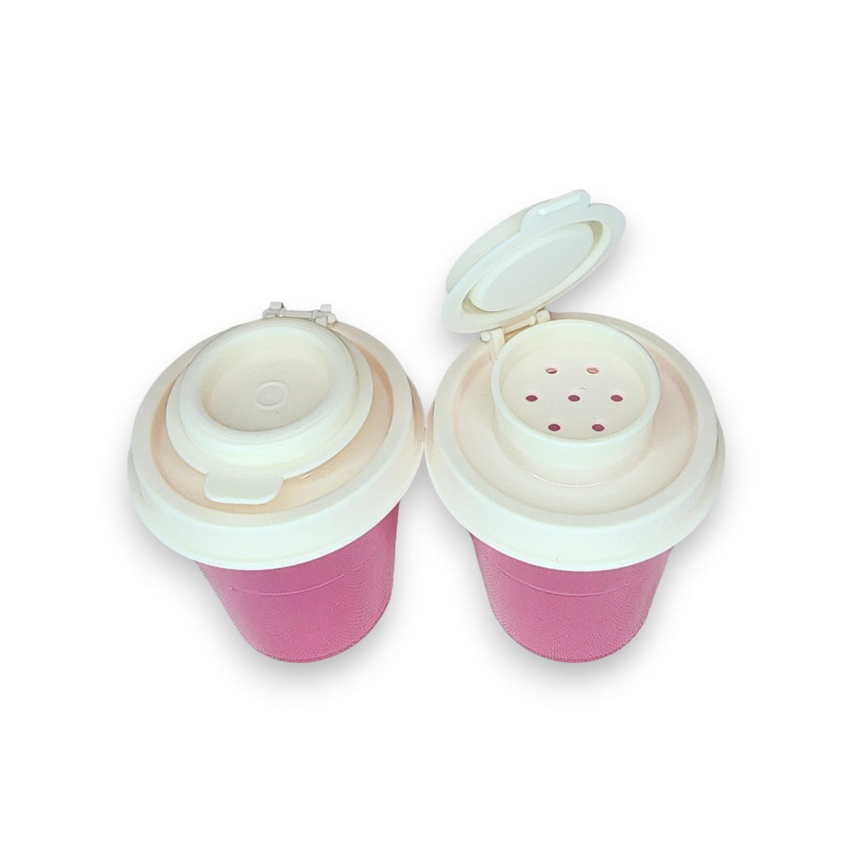 Tupperware Mini Salt and Pepper Shakers 2 oz Pink with Cream Lids
