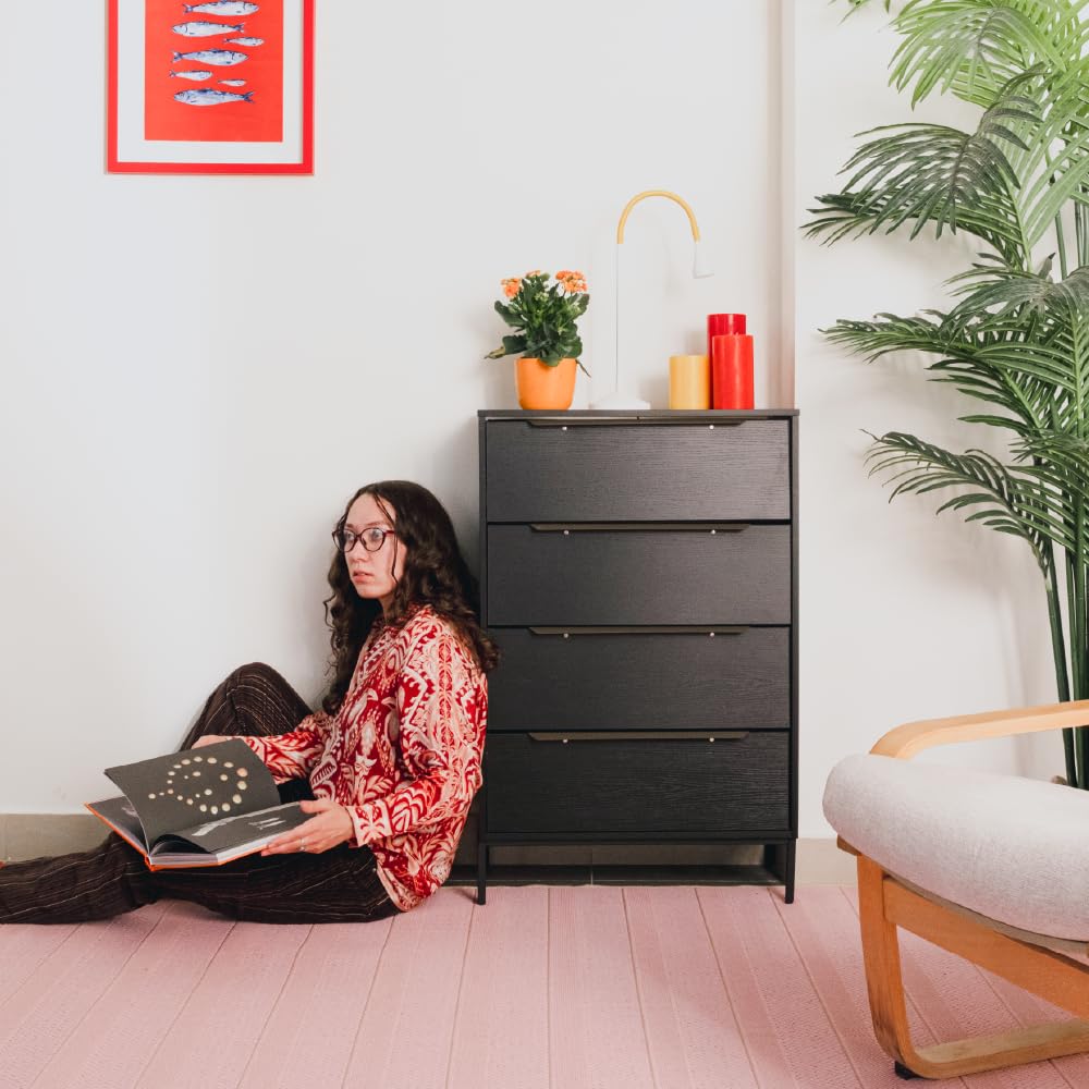 tinge Lira Premium 4 Drawer Fabric Dresser - Engineered Wood Frame Chest of Drawers for Bedroom - Strong & Sag-Proof Clothing Organizer with Sleek Metal Handles (Black)