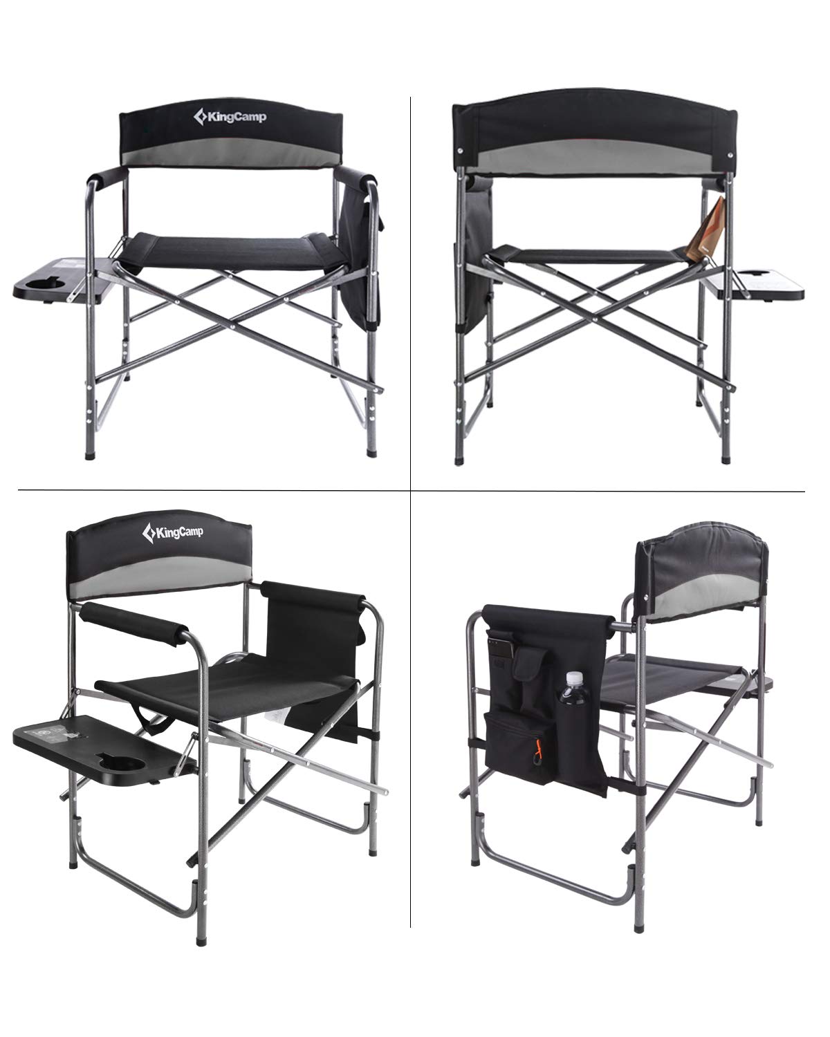 KingCamp Folding Camping Chair, Heavy Duty Portable Directors Style with Side Table Carry Handle Storage Pockets for Outdoor Tailgating Sports Backpacking Fishing, Black