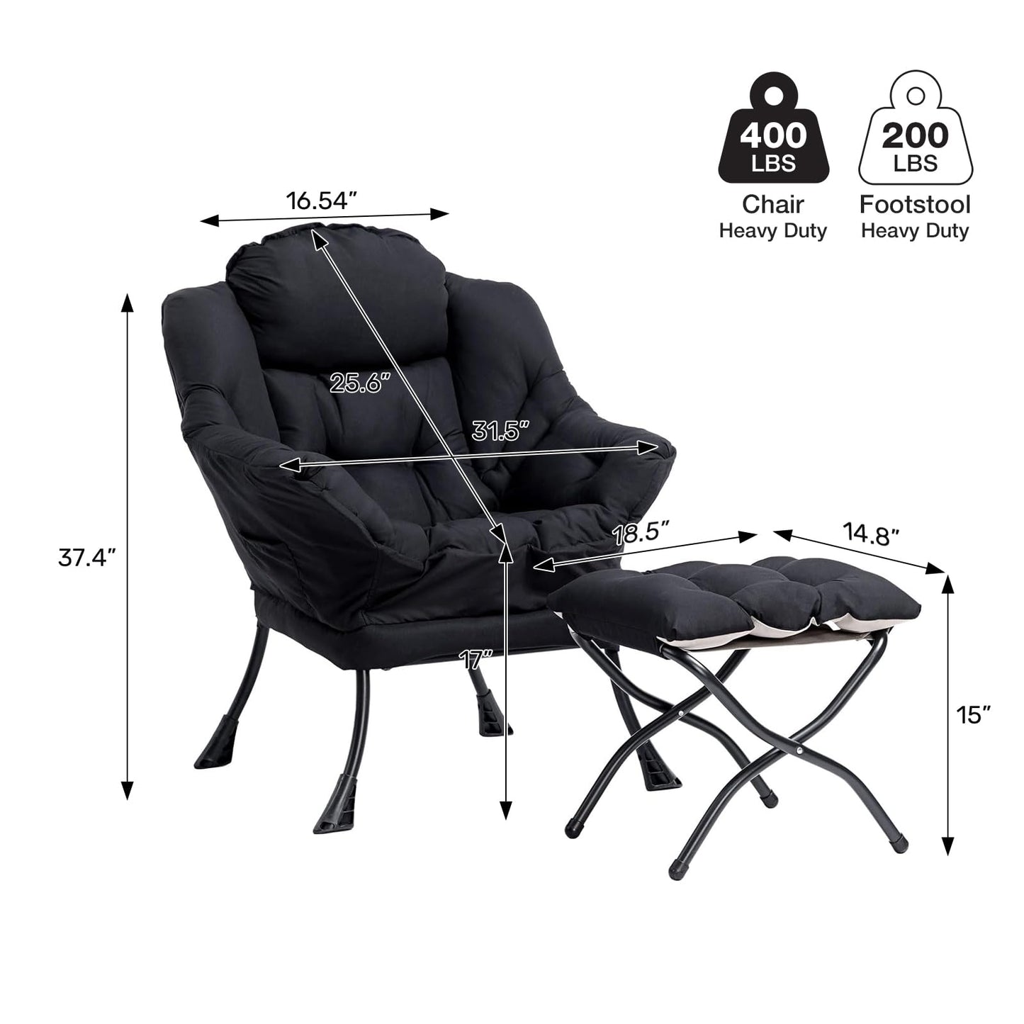 HollyHOME Lazy Chair with Foldable Ottoman, Accent Comfy Lounge Armchair and Folding Footrest Stool, Leisure Sofa Reading Chair and Footstool for Living Room, Bedroom, Dorm,Black