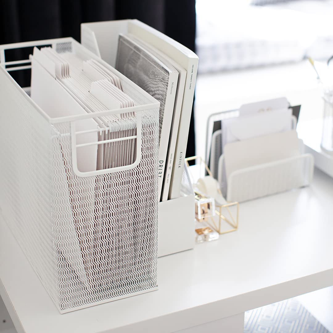 BLU MONACO | White Desk Organizer Set | 5 Piece Metal Office Desk Organizer with Hanging File Holder, Magazine Organizer, Pen Cup, Sticky Note Holder, Mail Sorter | Desk Organizers and Accessories