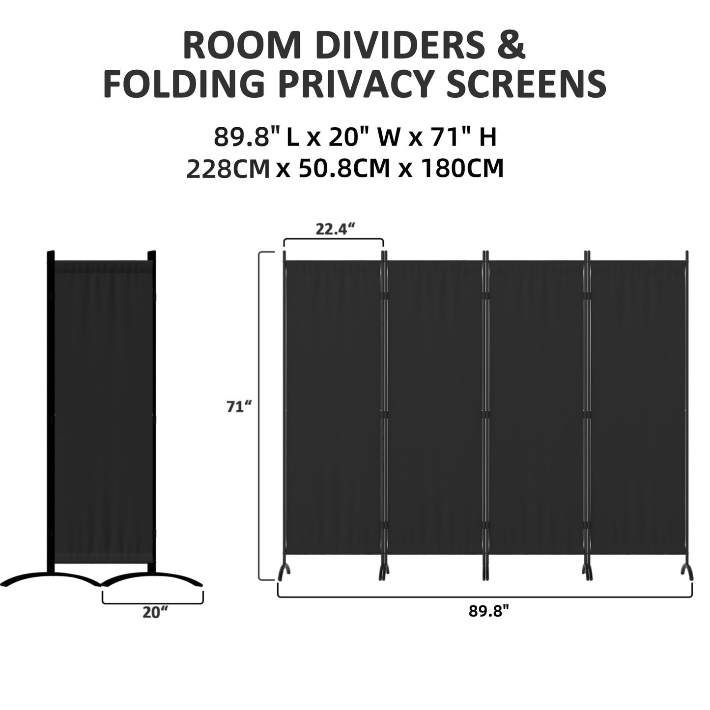 Kecreque Room Divider 4 Panel Partition Room Dividers and Folding Privacy Screens with 5 Curved Metal Feet Portable Divider Wall 88" W Temporary Wall for Office Divider Bedroom Dressing Room,Black