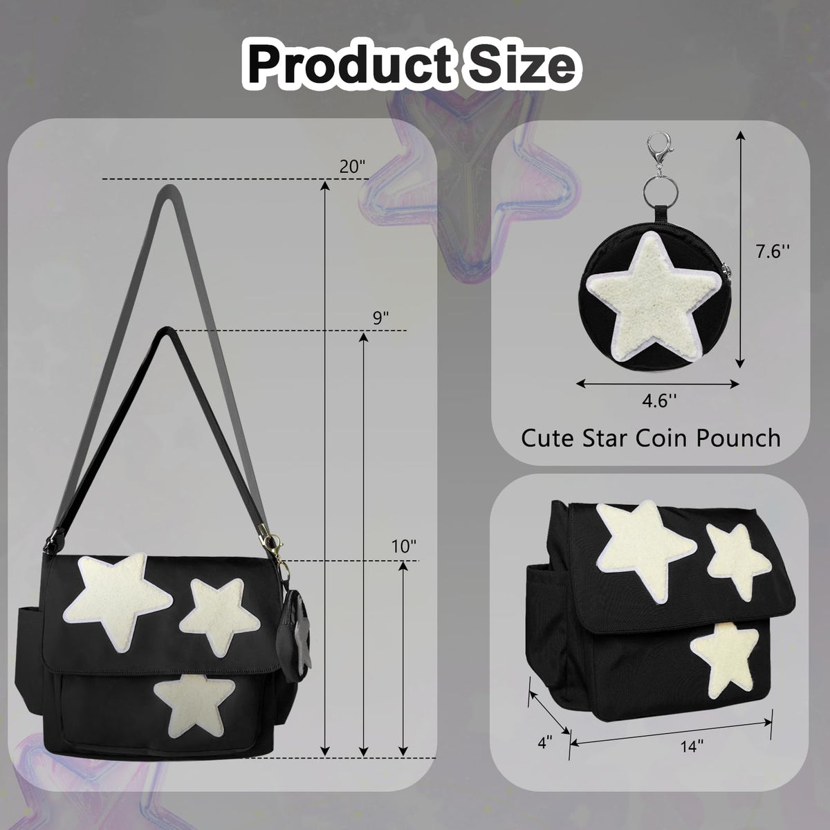 GUSTANO Y2K Messenger Bag for Women, Lightweight Spacious Stars Tote Purse with Cute Coin Purse, Crossbody Bag Shoulder Everyday Bag with Multi Pockets, Chic and Functional (Black)