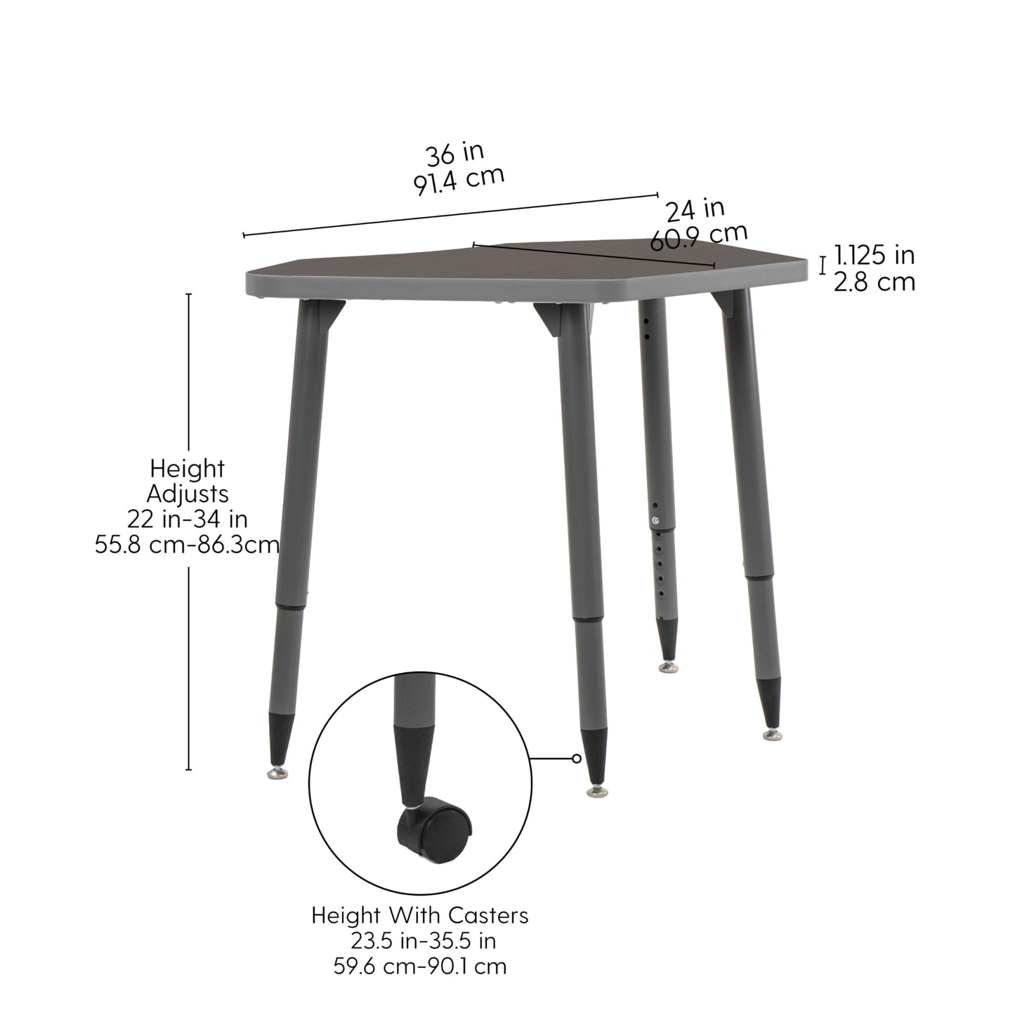 Adapte Commercial Classroom Activity Table - 24" x 36" Petal, ADA Compliant Tapered Legs with Glides & Casters, Adjustable Height 22-34" Wheelchair Accessible, School & Office Furniture