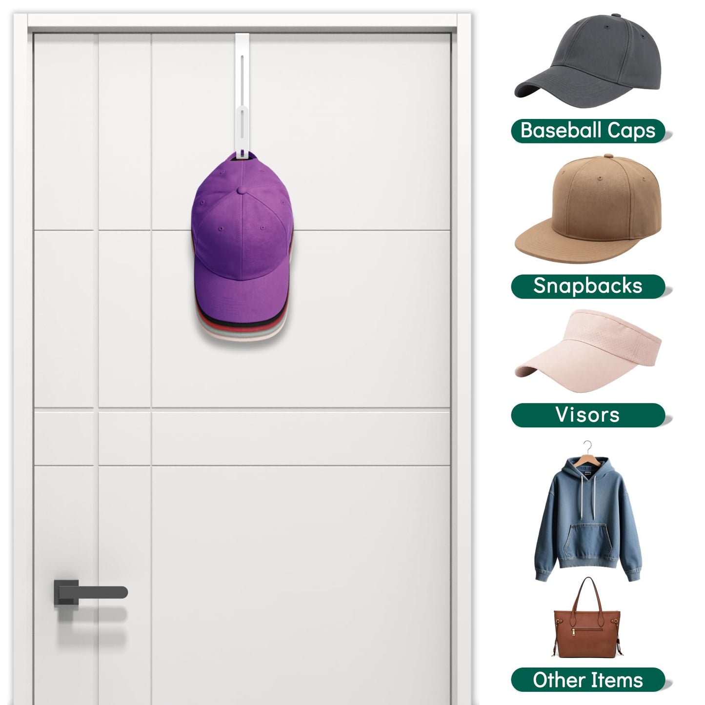 RHAXION Over The Door Hat Organizer - Premium 2-in-1 Expandable Hat Hanger with Rotating Hooks for Baseball Caps - Heavy Duty Hat Rack for Closet Bedroom Travel, Space Saving, No Drilling - White