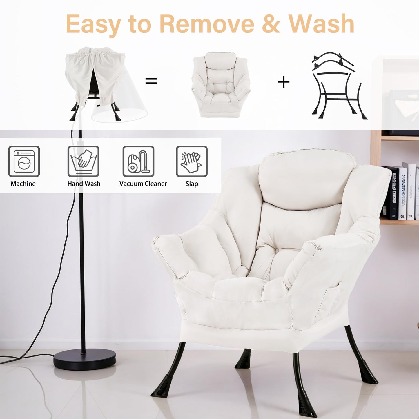 Furlide Lazy Chair for Living Room, Modern Accent Chairs with Armrests, Beige Armchairs with Side Pocket, Cozy Lazy Sofa for Reading, Balcony, Bedroom, Dorm, Small Spaces